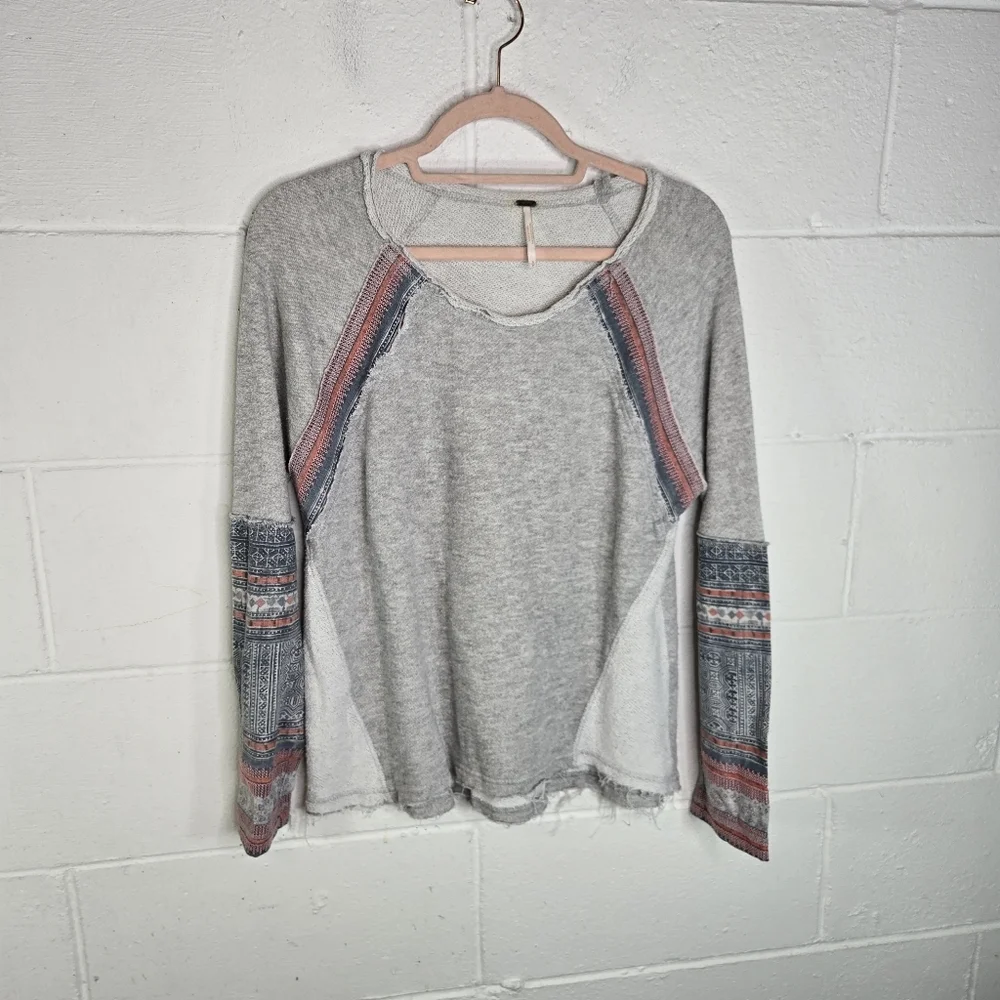 Free People Aztec Southwestern Mixed Fabric Sweatshirt Distressed